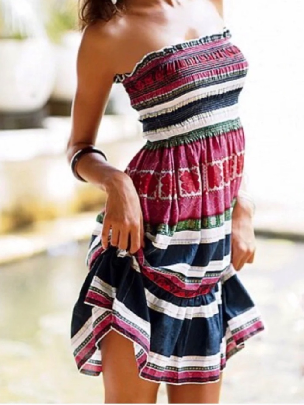 Moda International Cotton Smocked Strapless Midi Dress Medium Boho Tiered Print